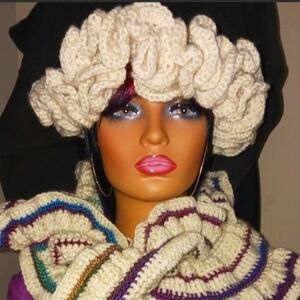 Crochet Hat 22in's, Scarf 67in's...Off white/multi color..Handmade